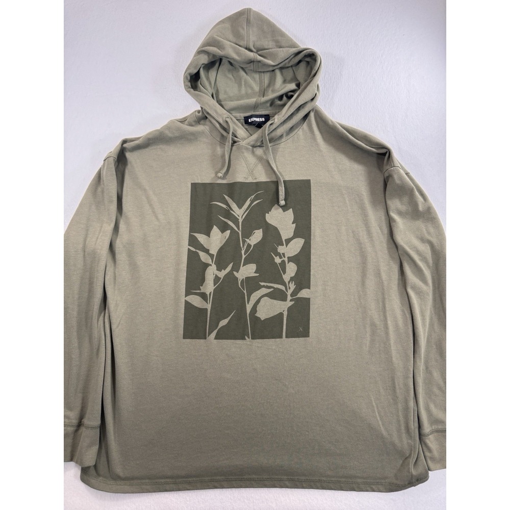 Express Mens Hoodie XL Floral Graphic Print Green Lightweight Relaxed Fit